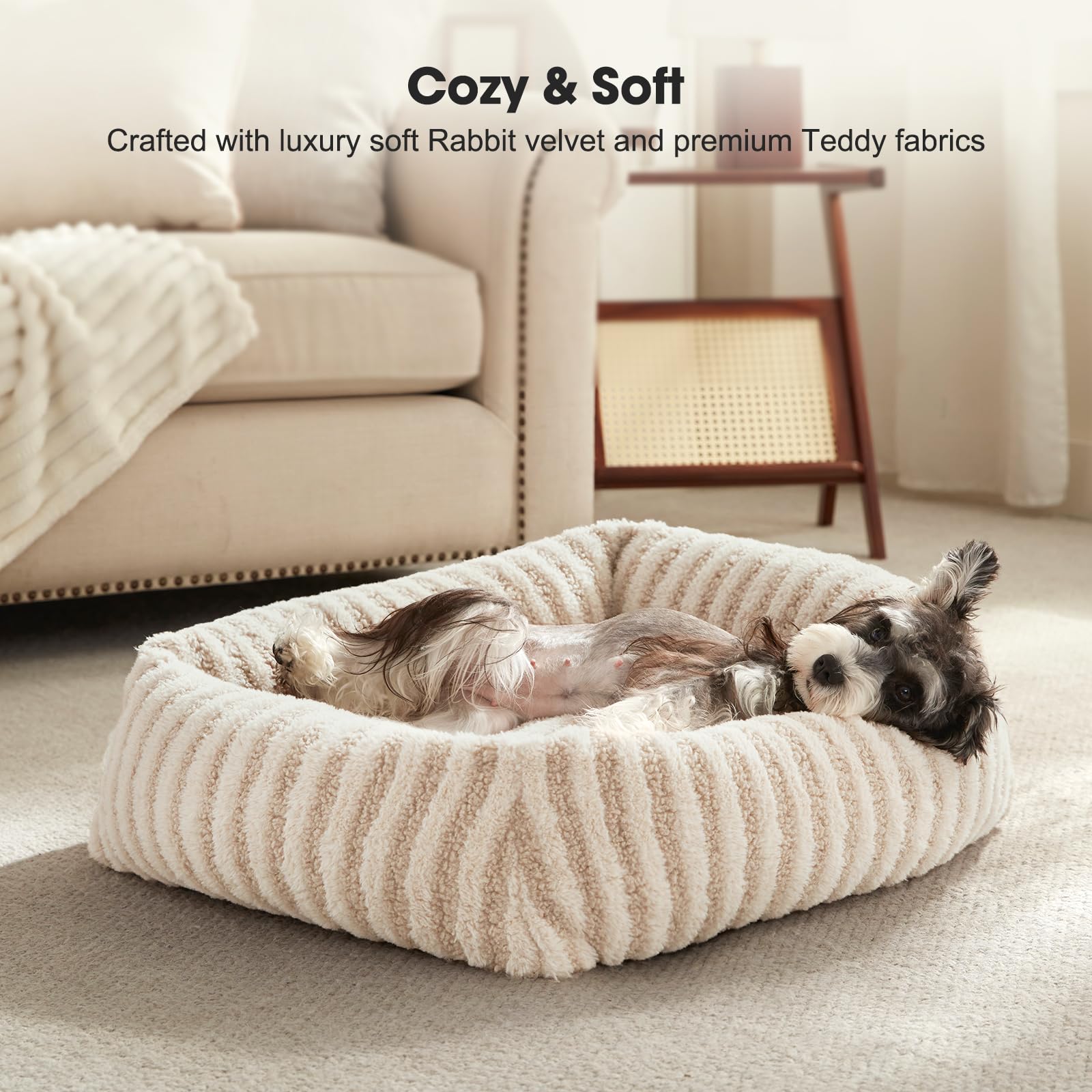 Detalle felpa MIXJOY para cama de perro mediano, confort suave.