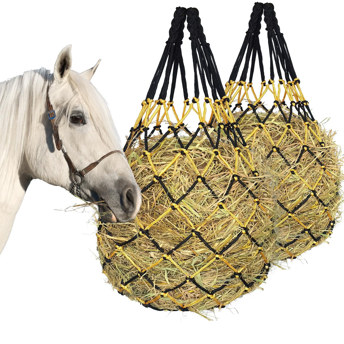 MIYABALA red de heno para caballos colgada en establo, ejemplo de uso práctico.