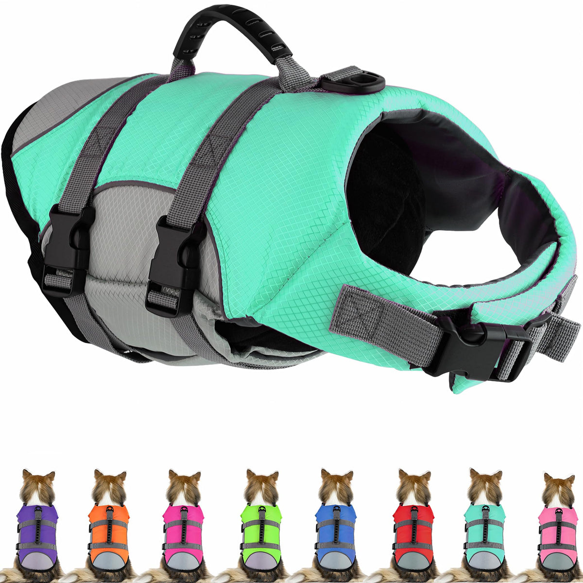Chaleco salvavidas Mklhgty visto de frente con flotación para perros