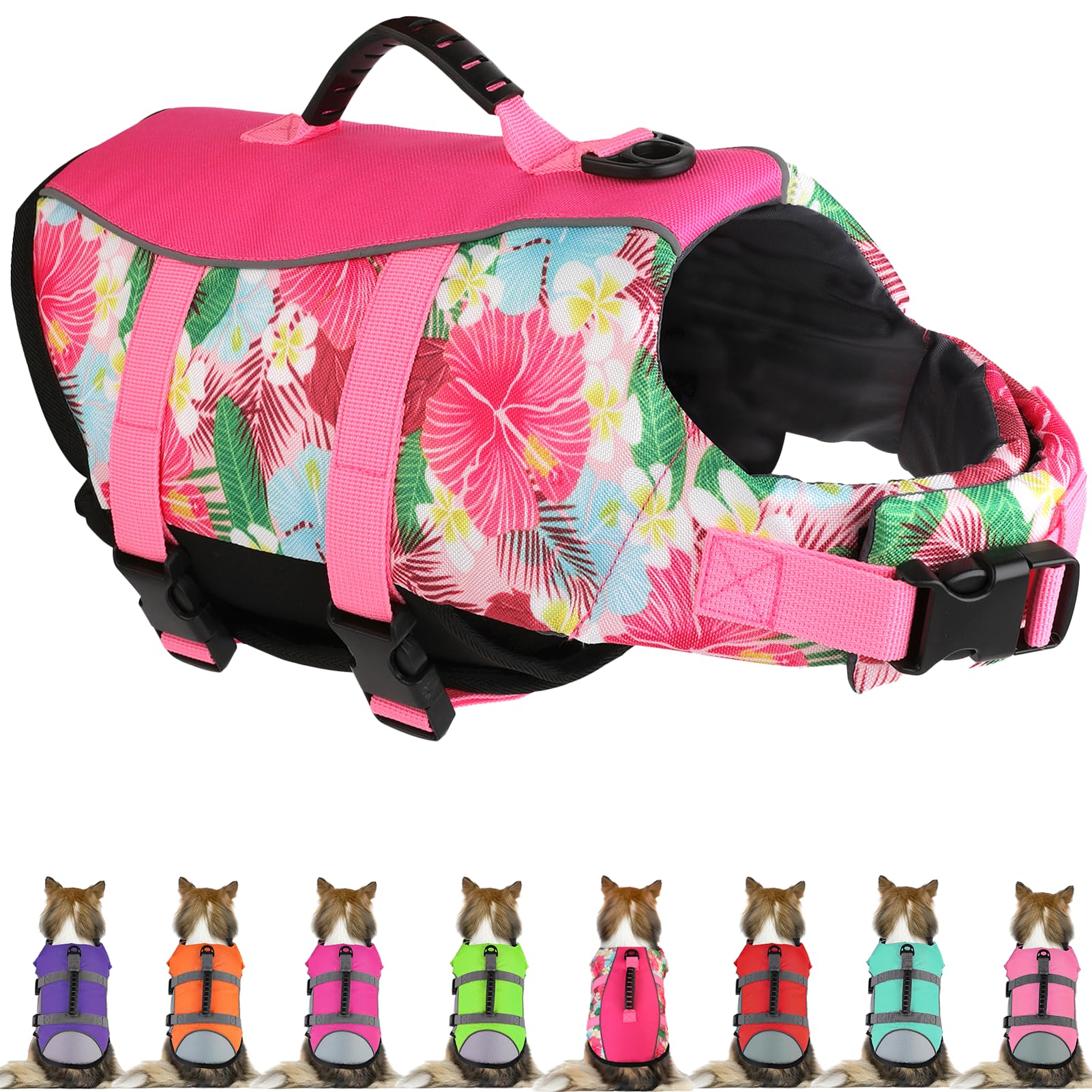 Mklhgty chaleco salvavidas para perro hawaiano, vista frontal, mejora visibilidad al nadar.