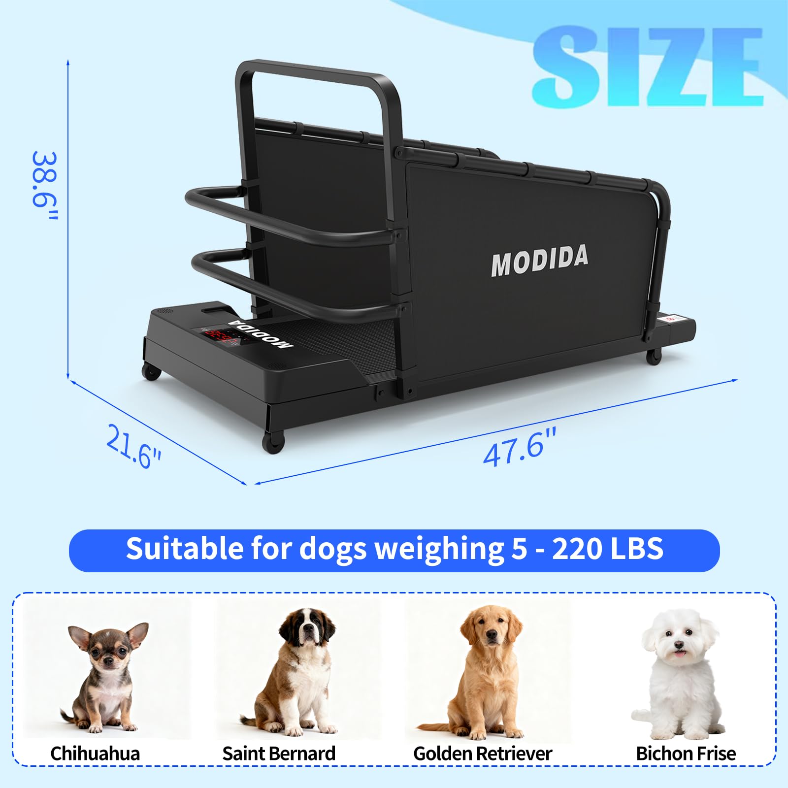 MODIDA Cinta para Perros con velocidades ajustables para entrenamiento personalizado.