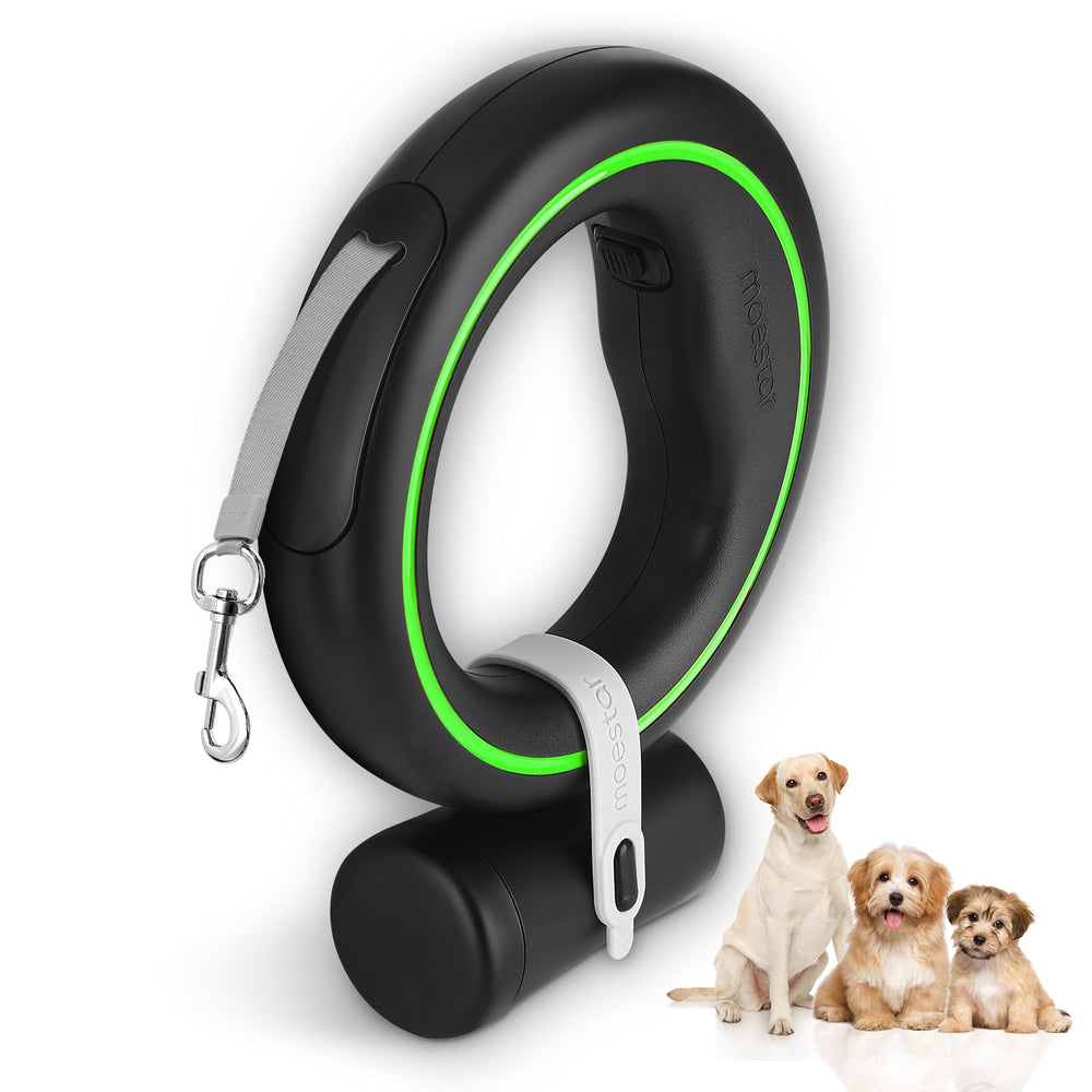 Moestar UFO, correa retractil manos libres en negro-verde, ideal para caminar con comodidad.