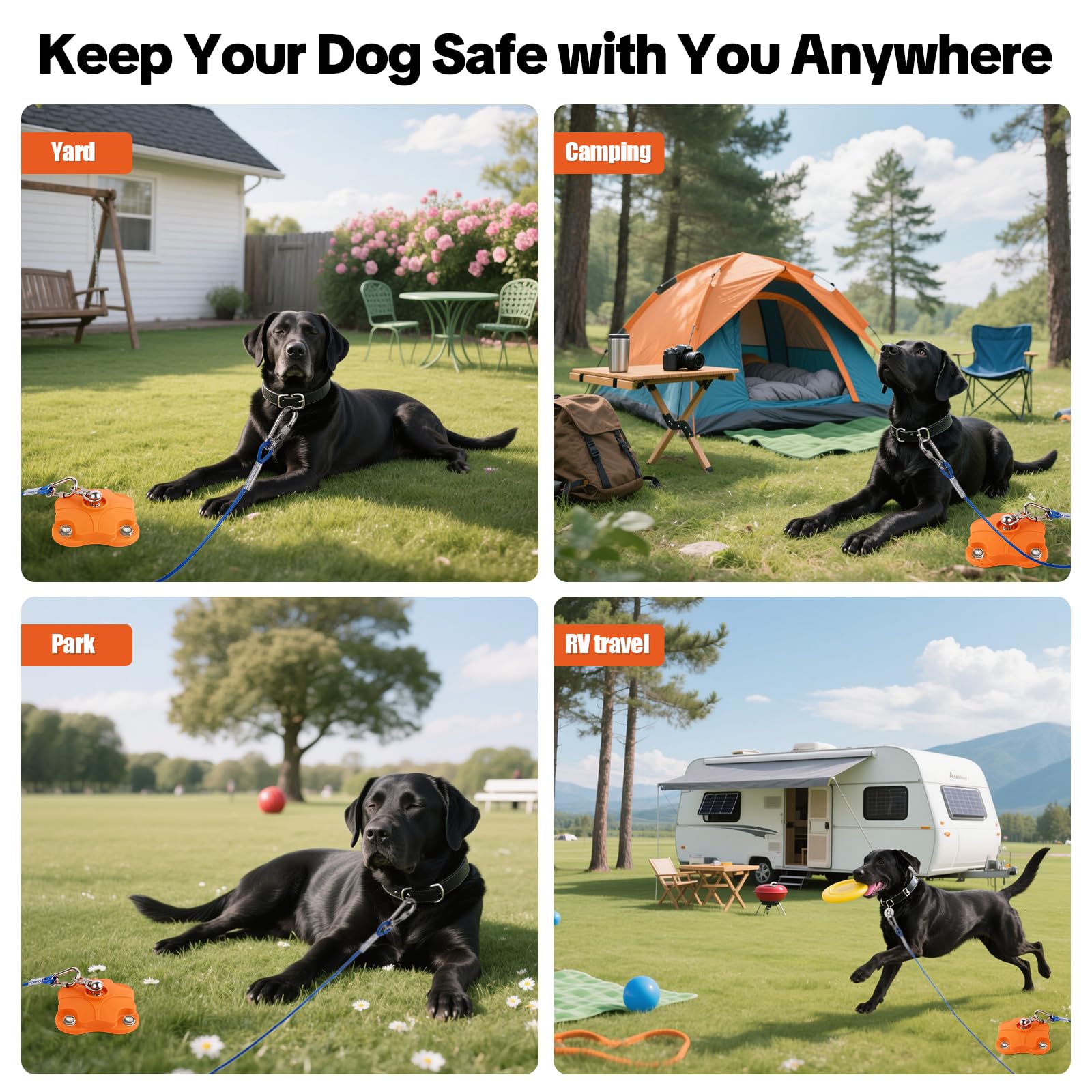 Uso versátil para camping o playa con estaca para perros.