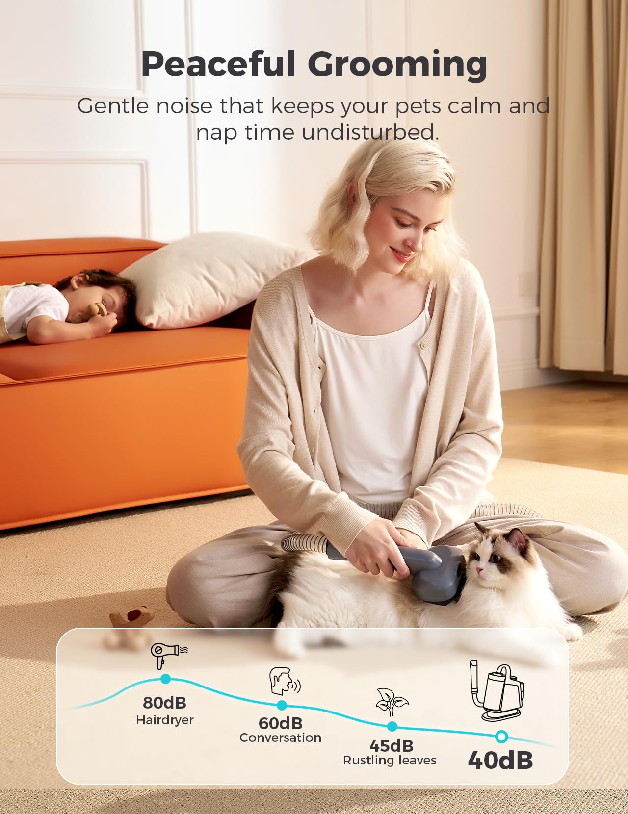 MomcozyPet FurEase, nivel de ruido 45 dB, experiencia de grooming más tranquila.