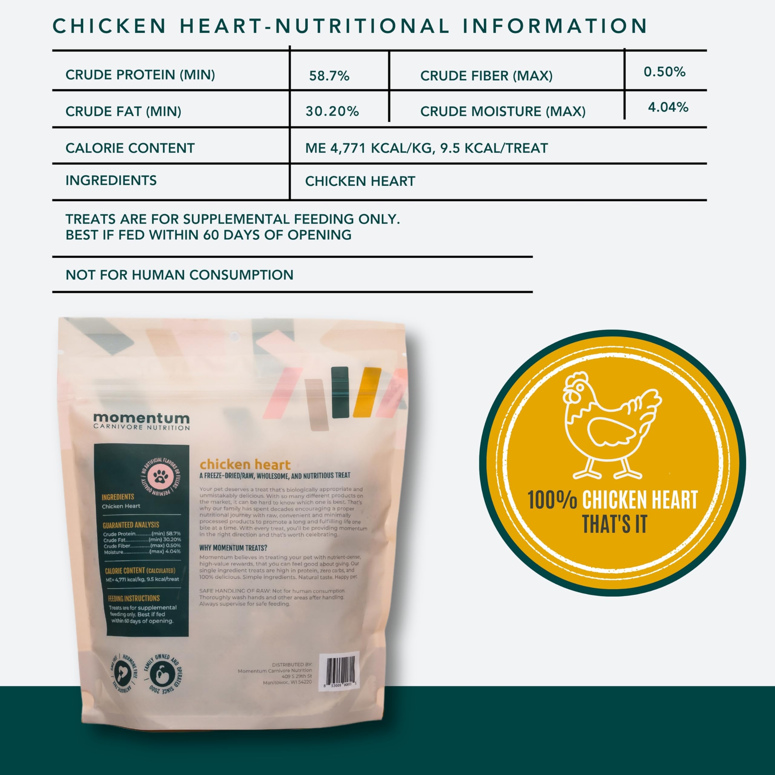 Momentum Carnivore Nutrition trozos-corazon-pollo, premio de entrenamiento de alta proteína.