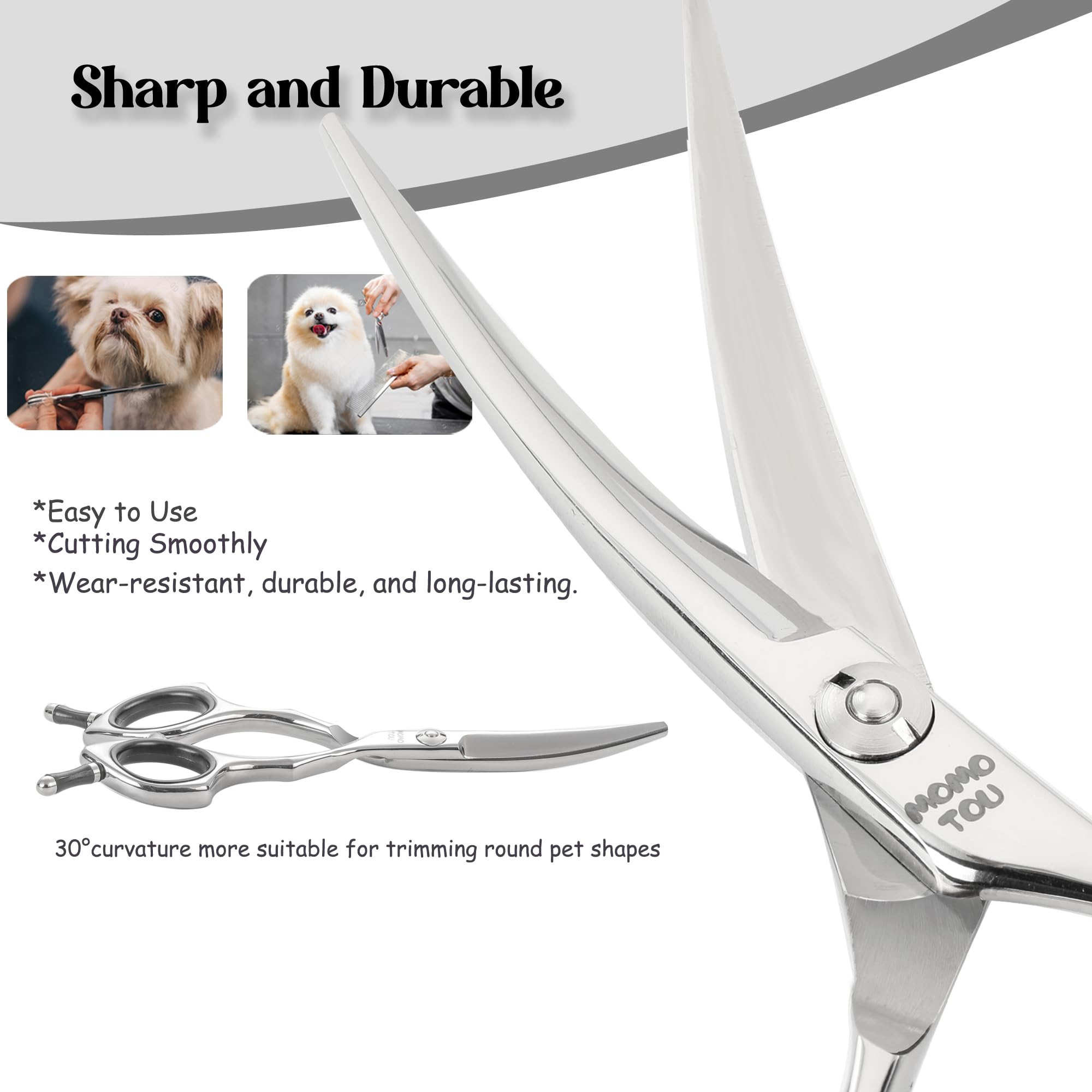 Tijeras Momotou con mango offset, agarre cómodo para cortes en cara y patas.
