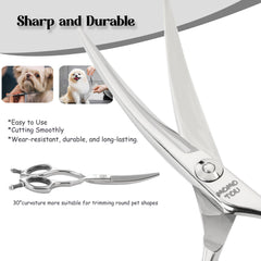Tijeras Momotou con mango offset, agarre cómodo para cortes en cara y patas.