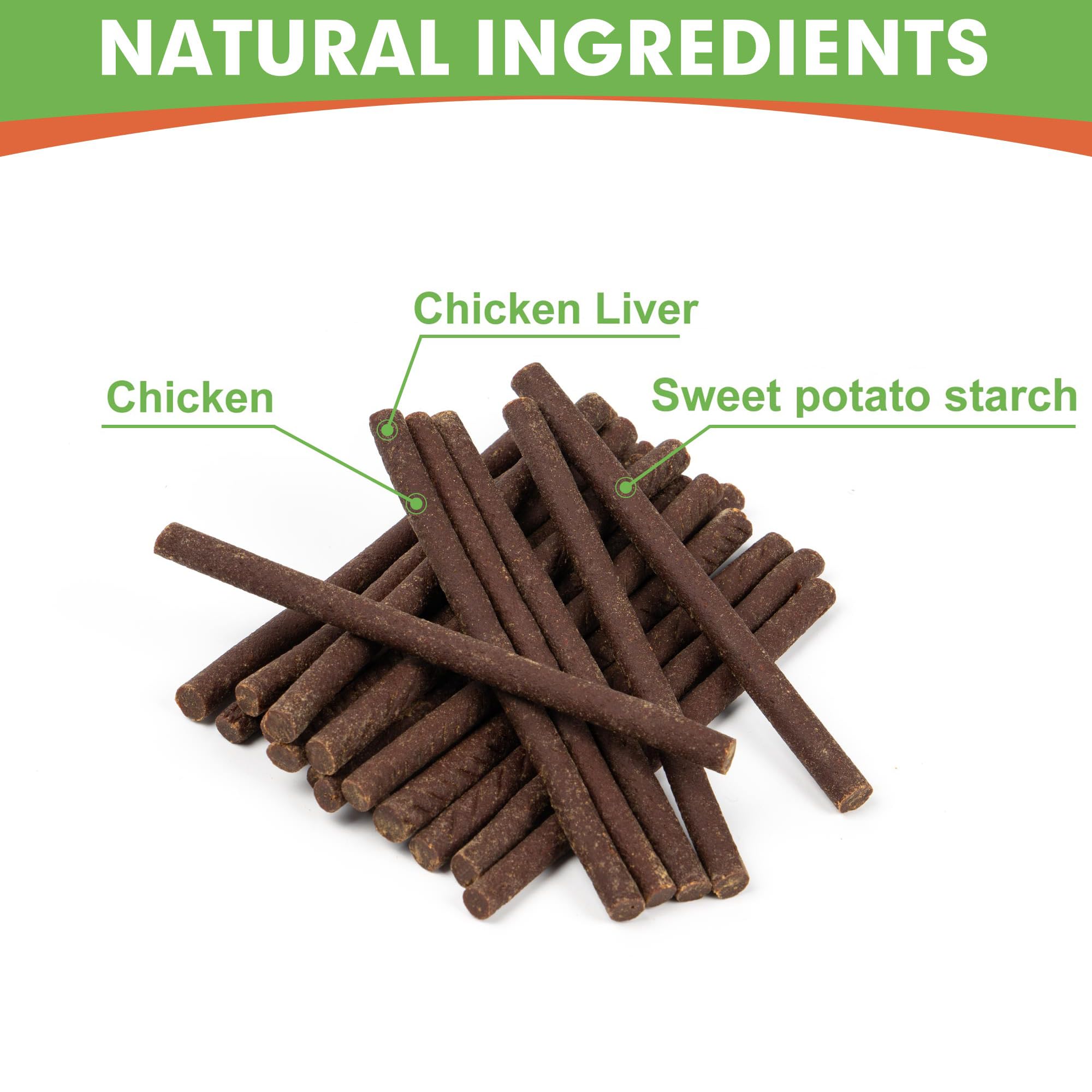 MON2SUN Dog Jerky Palito Pollo-Higado 5in: ingredientes principales visibles.