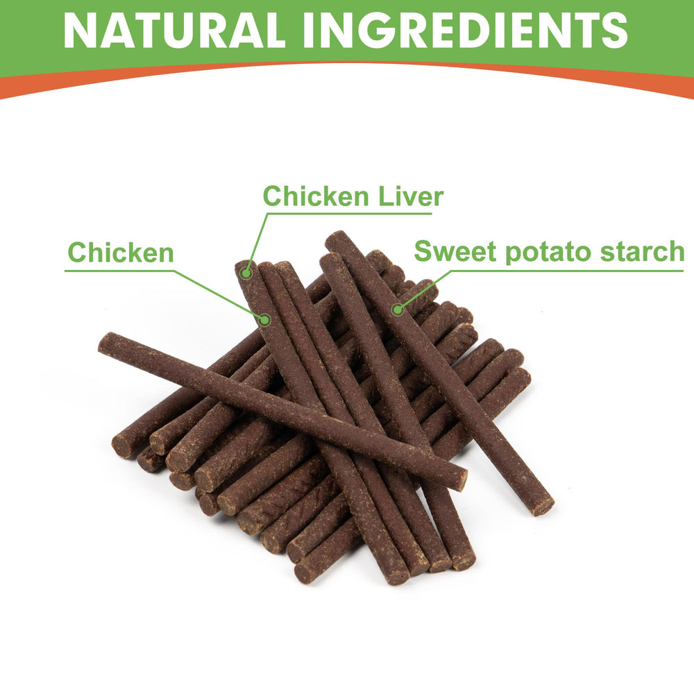 MON2SUN Dog Jerky Palito Pollo-Higado 5in: ingredientes principales visibles.