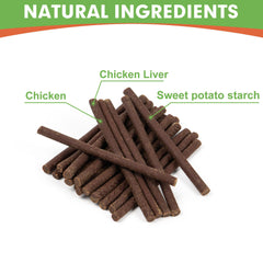 MON2SUN Dog Jerky Palito Pollo-Higado 5in: ingredientes principales visibles.