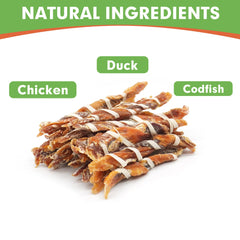 MON2SUN Sabores pollo, pato y bacalao ofrecen variedad para premiar al perro.