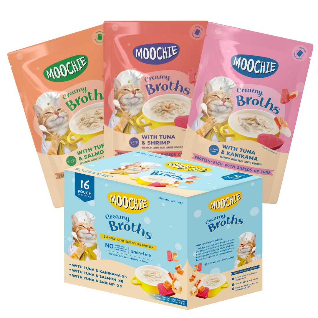 Moochie Caldo cremoso de mariscos con salmón real para gatos, hidratante y sabroso.