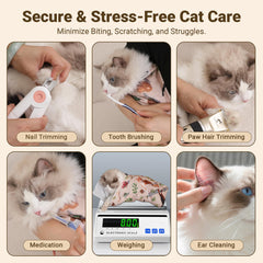 MoofeePaws ajuste firme mantiene al gato seguro durante el cuidado.