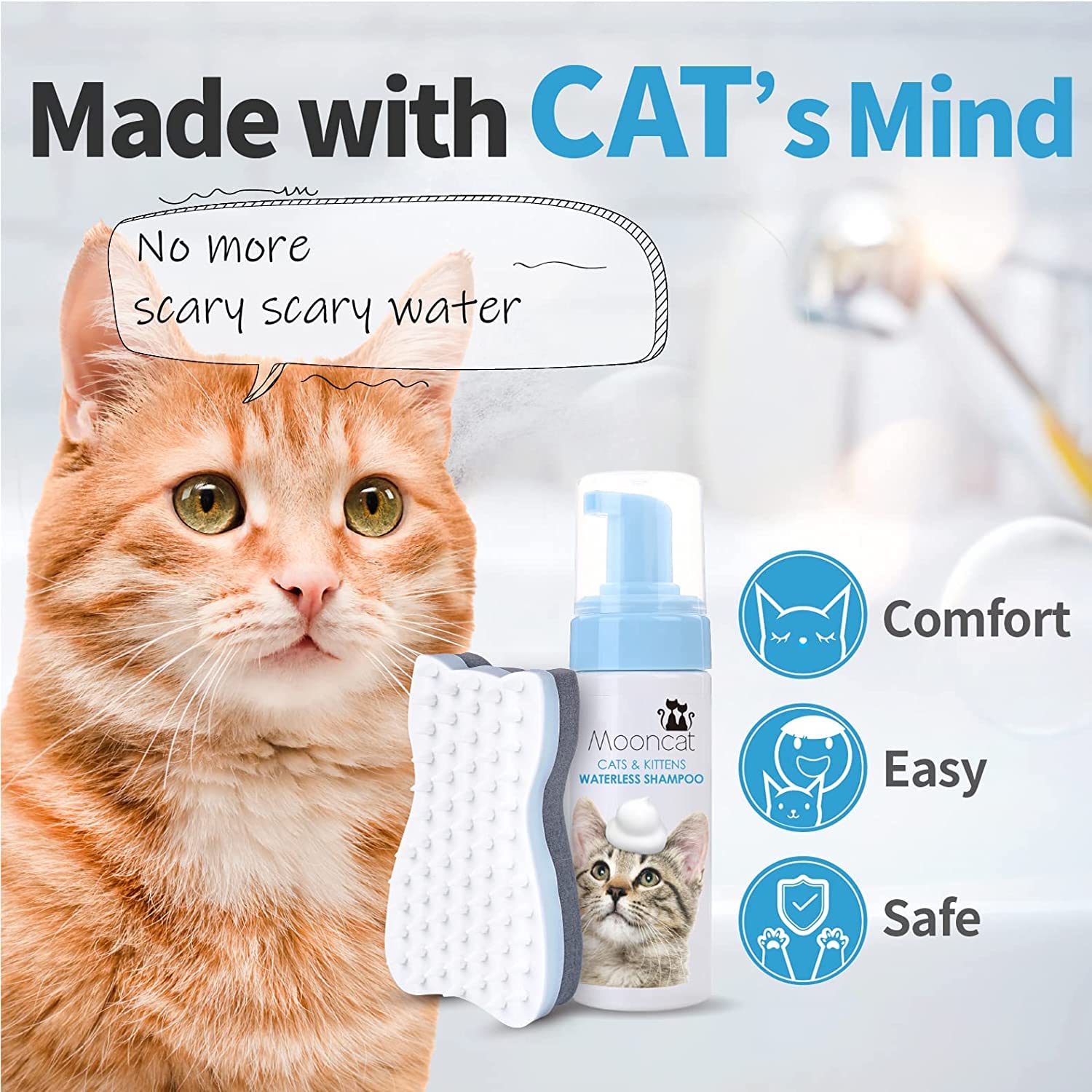 Mooncat aplicación de champú seco en gato, masaje suave para pelaje limpio.