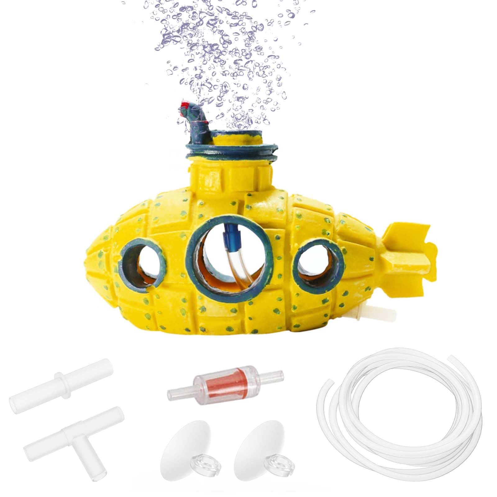 Moonorange submarino amarillo con burbujas añade movimiento y color al acuario.