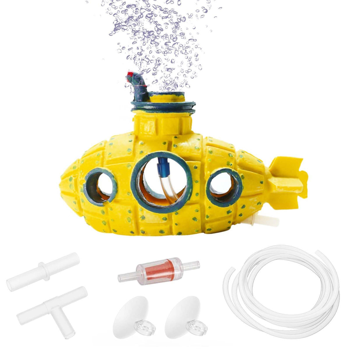 Moonorange submarino amarillo con burbujas añade movimiento y color al acuario.
