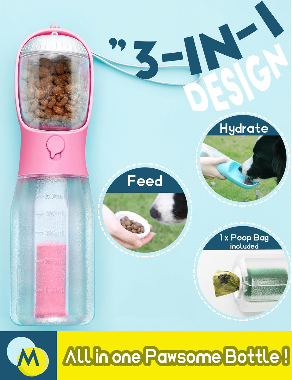 MoonyMars dispensador 3 en 1 con bebida, snack y cuenco integrados