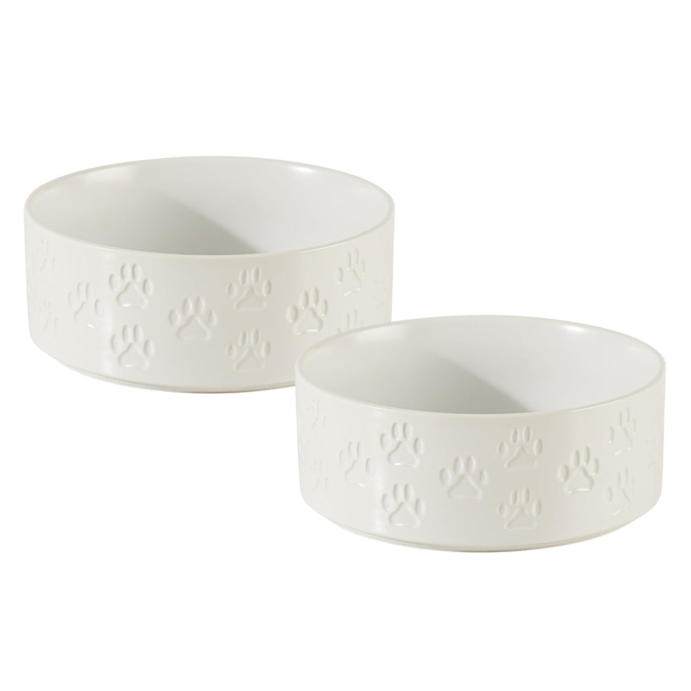 moookeynest tazon dual ceramico para perros blanco, diseño frontal, ideal para comida y agua