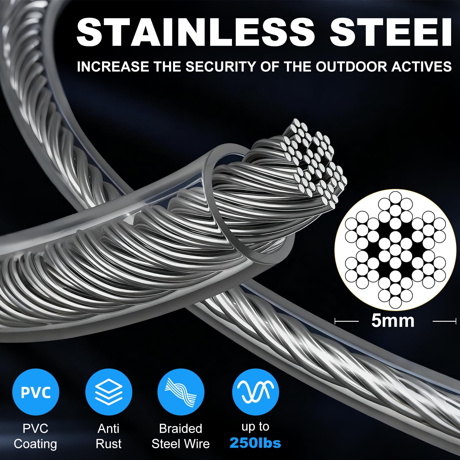 MooonGem Tie Out Cable de 25 pies con acero 5 mm, ideal para patios amplios.