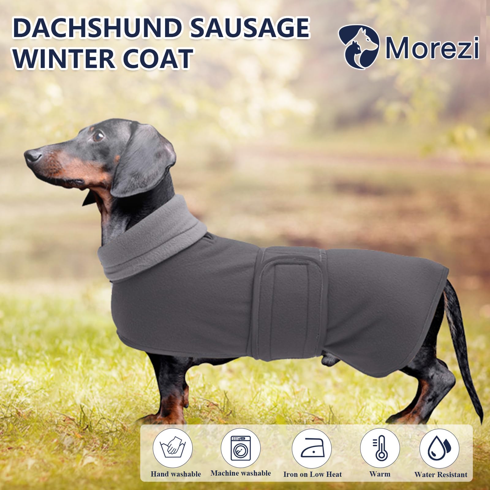 Morezi abrigo dachshund gris, vista lateral, ajuste cómodo