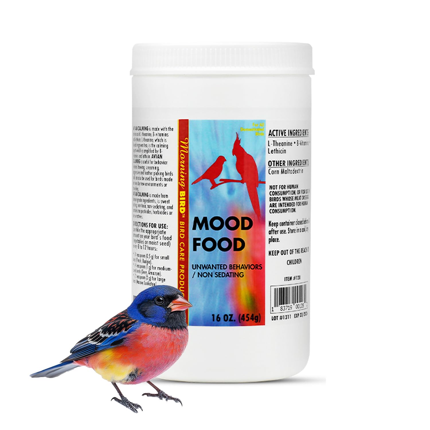 Morning Bird Mood Food, bote: apoyo suave para la calma de aves estresadas.