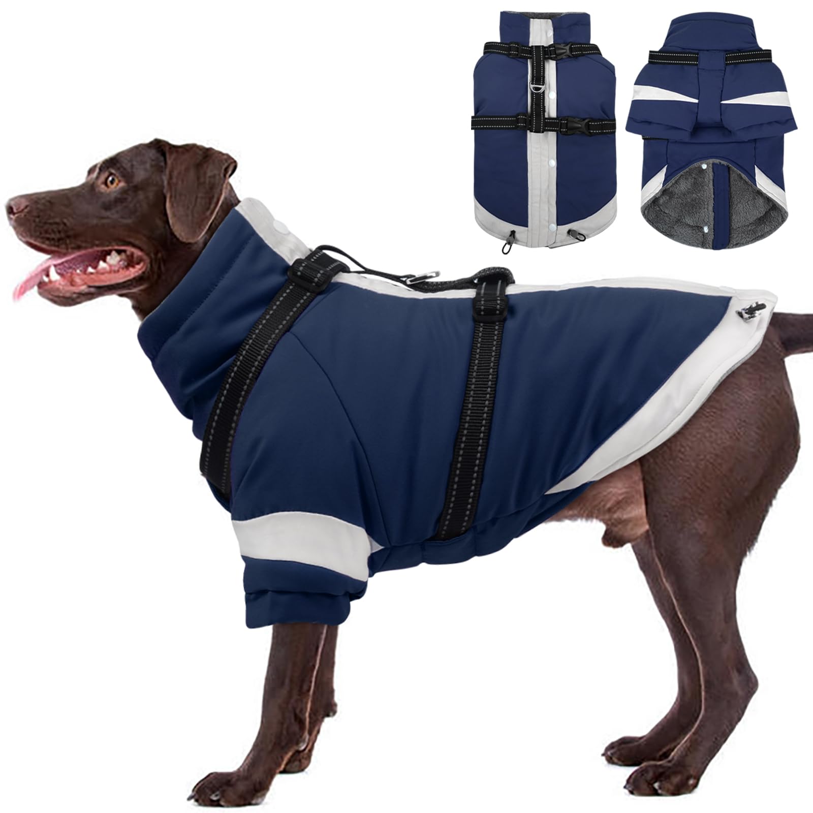 Morvigive abrigo para perros 2 en 1 con arnés azul marino, ideal para paseos cómodos.