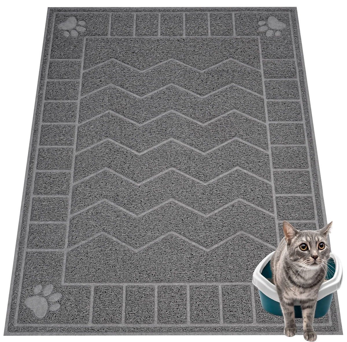 Alfombra Motsamla para arena de gato 47x35 captura la arena y facilita la limpieza.
