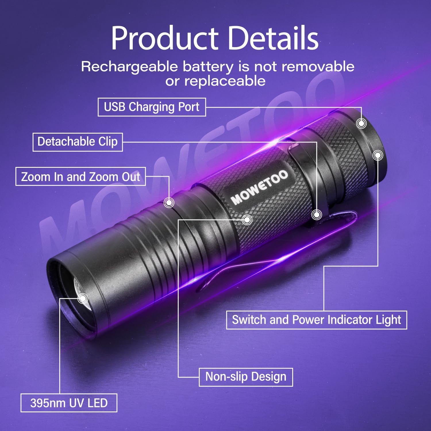 MOWETOO linterna UV con carga USB-C y indicador de batería