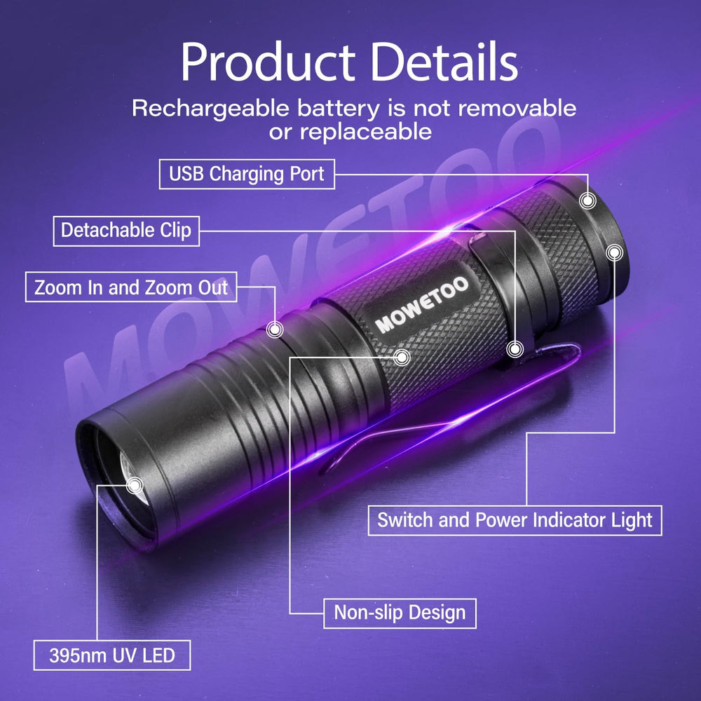 MOWETOO linterna UV con carga USB-C y indicador de batería