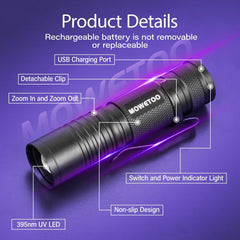 MOWETOO linterna UV con carga USB-C y indicador de batería