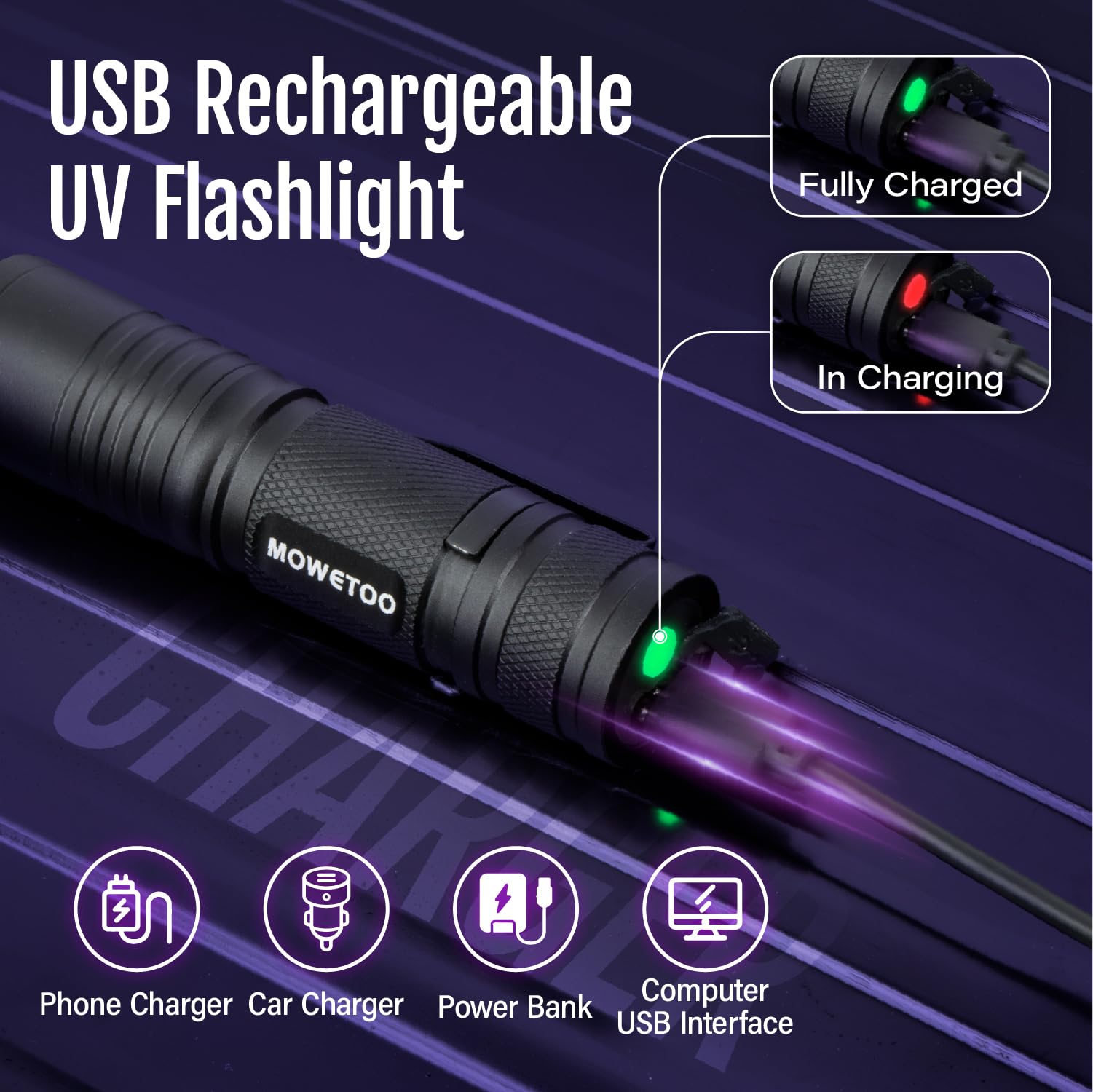 Linterna UV portátil de MOWETOO con clip desmontable para una mano
