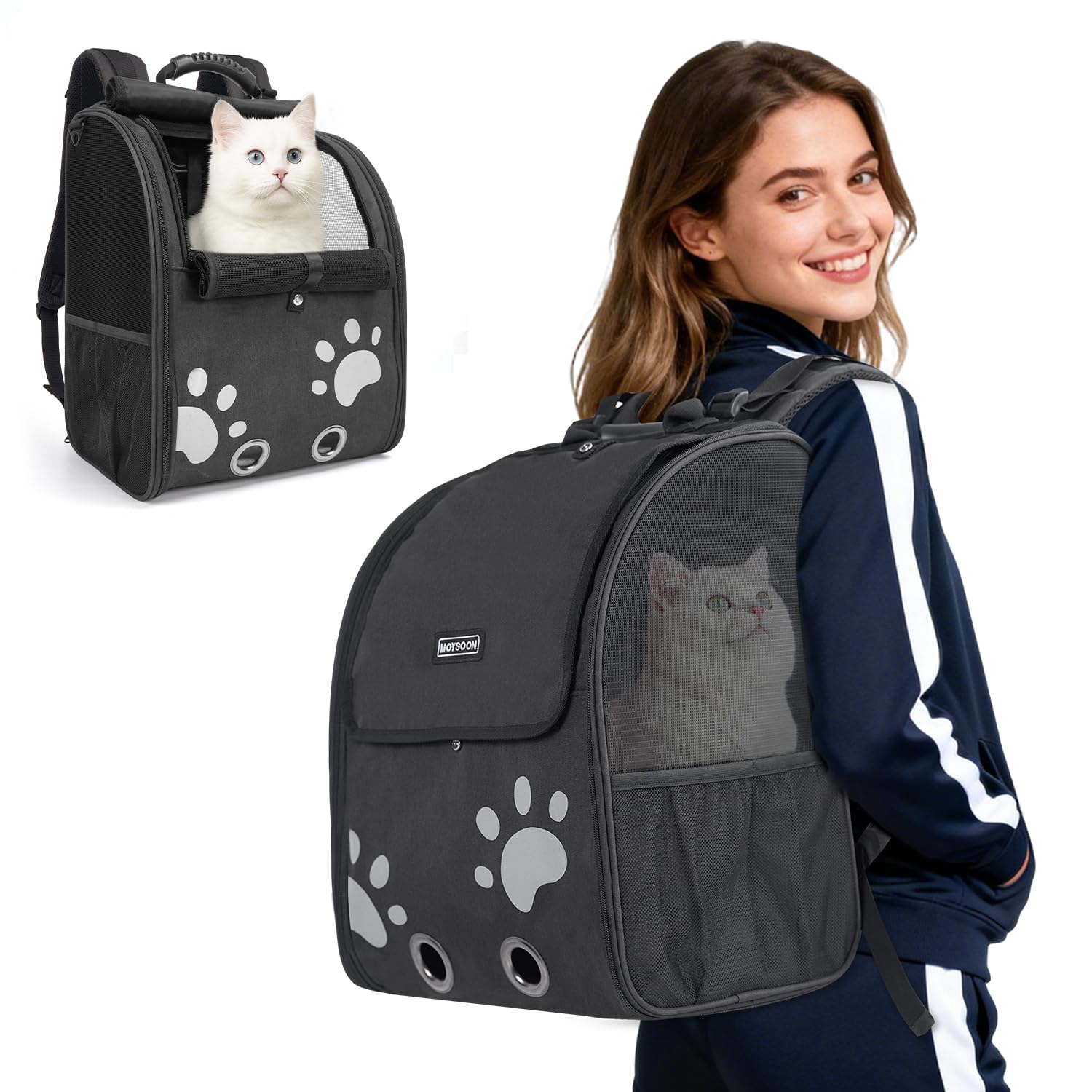 Moysoon mochila para gato vista frontal con malla para ventilación