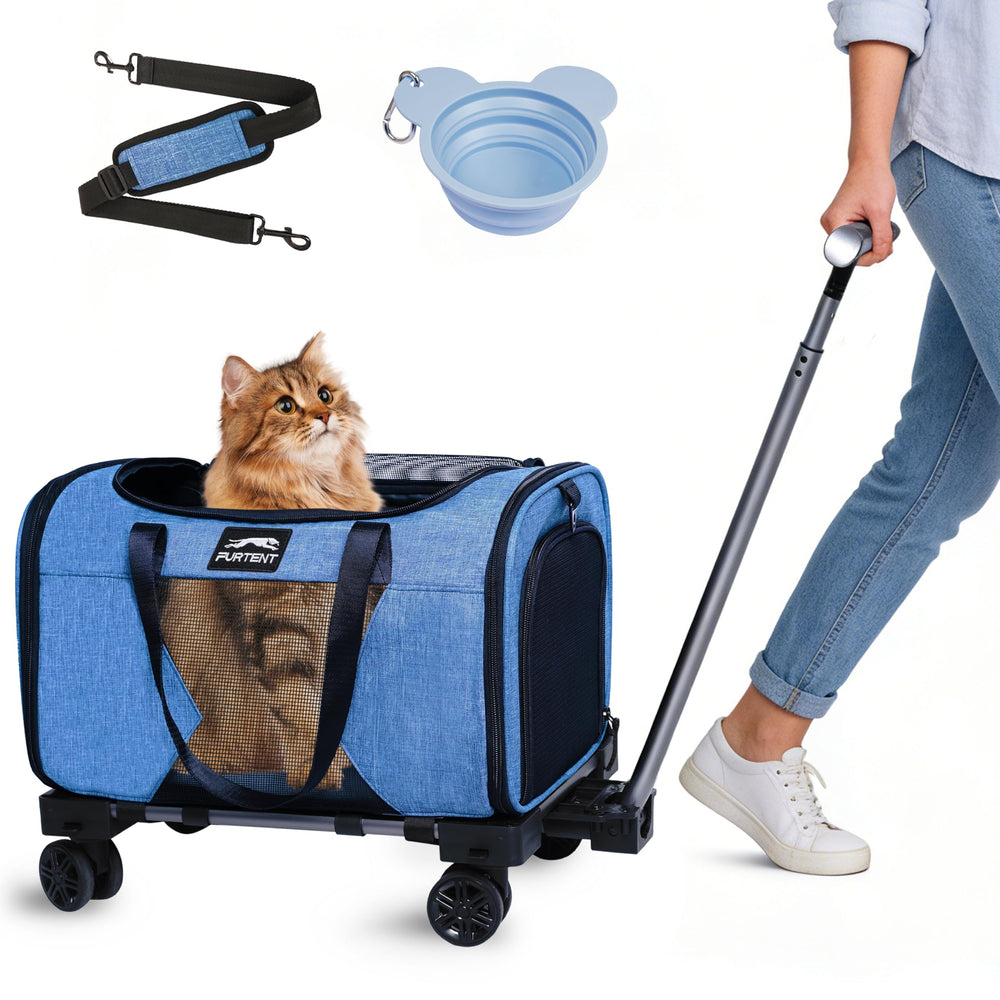 Moysoon transportín con ruedas removibles azul, cómodo para viajar.