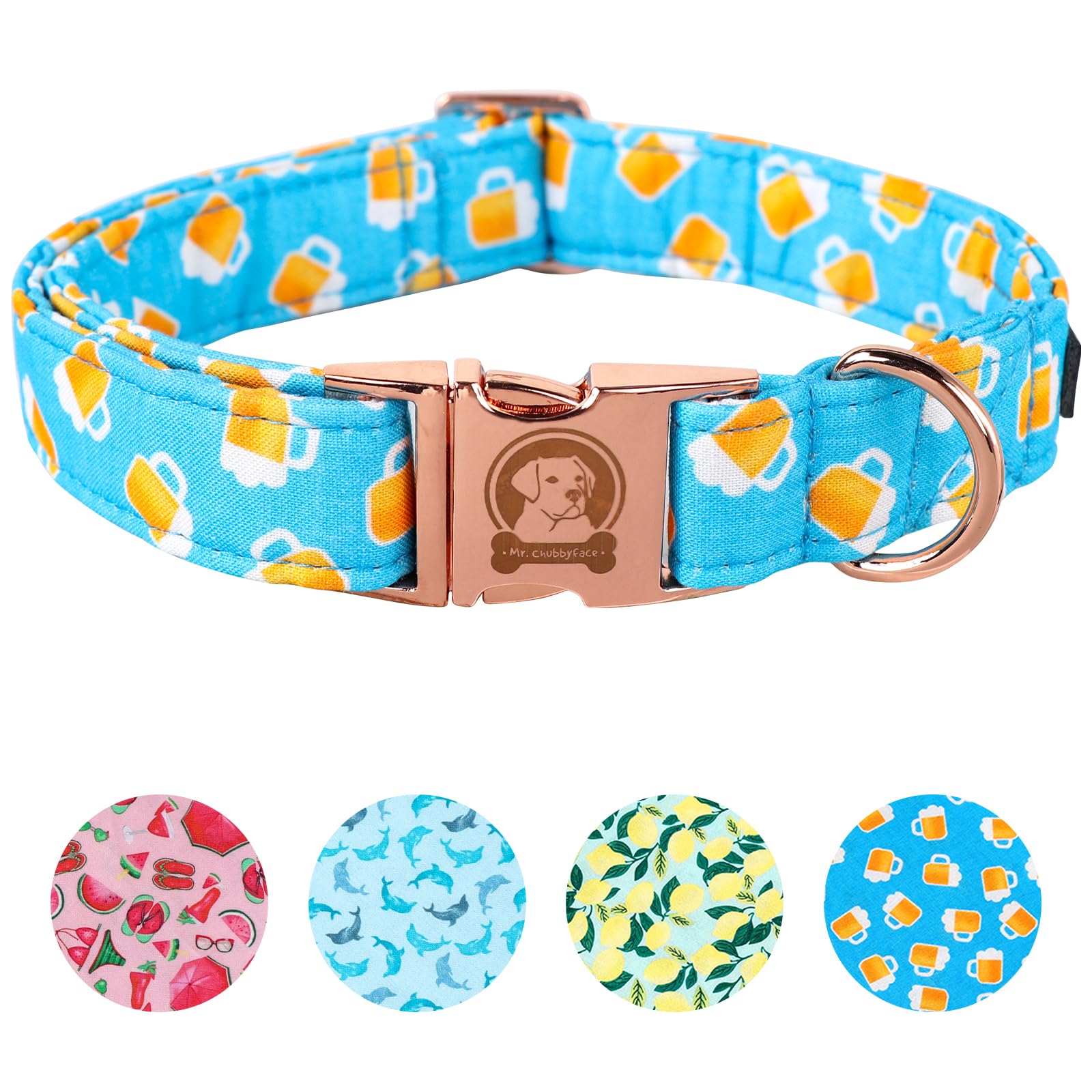 MR. CHUBBYFACE collar azul con diseño de cerveza, ideal para paseos diarios.