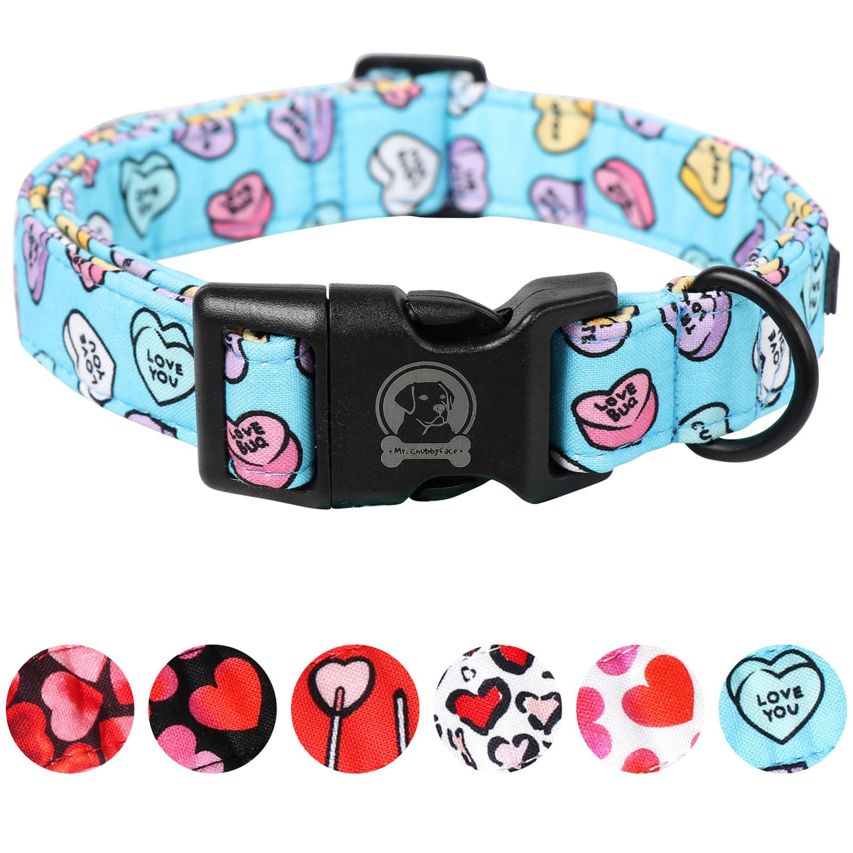 MR.CHUBBYFACE collar con corazones azul, ideal para paseos con estilo.