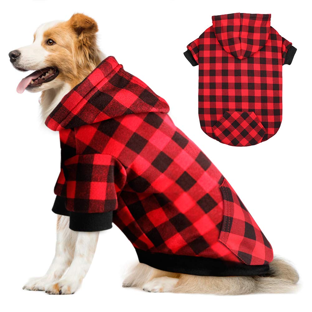 Mtliepte sudadera capucha cuadro rojo para perro XXL, vista frontal, ideal para salidas frías.