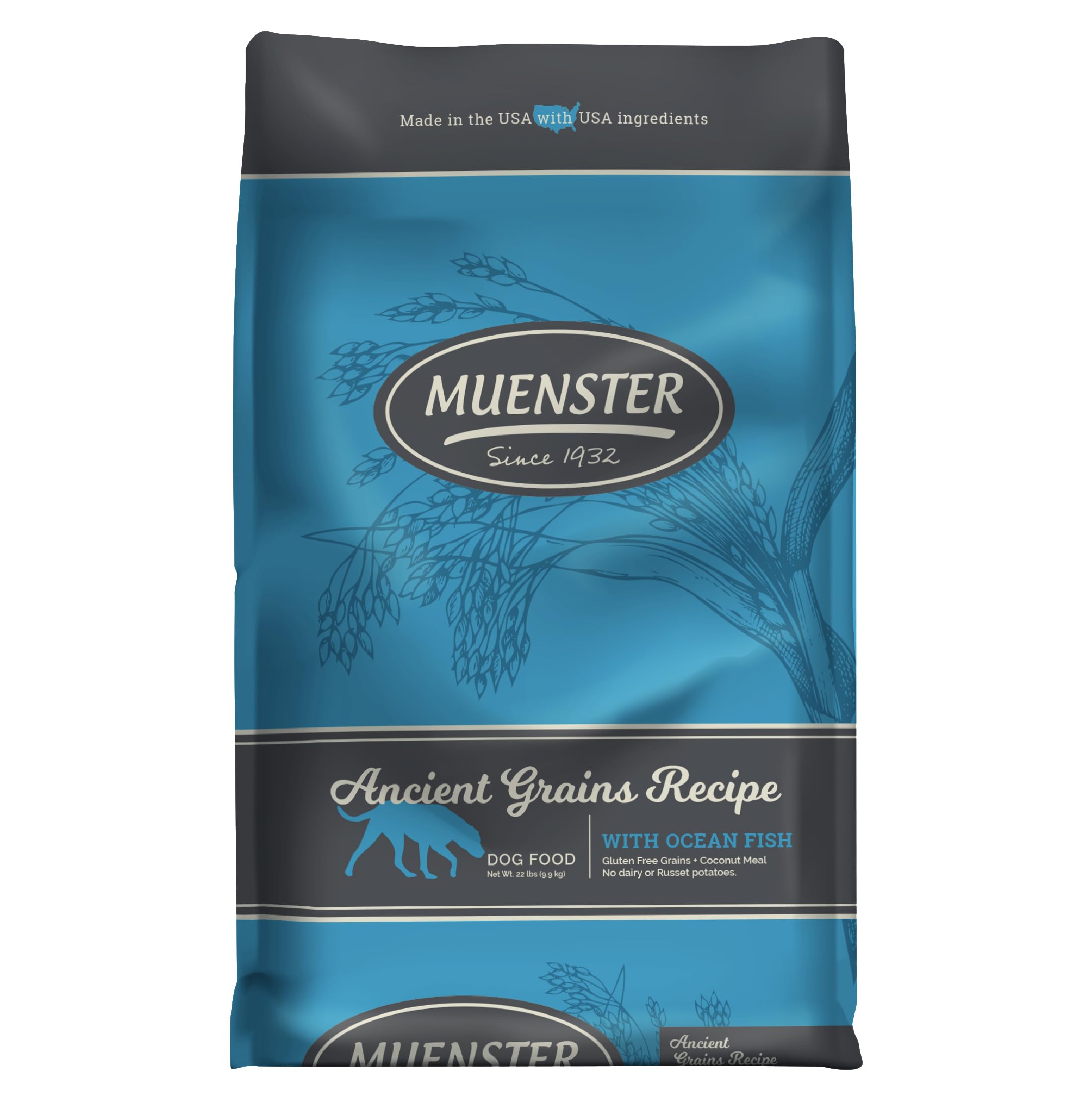 Muenster Granos Antiguos y Pescado Oceánico, bolsa frontal, nutrición sin gluten para perros pequeños.