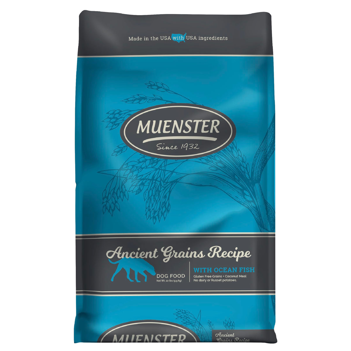 Muenster Granos Antiguos y Pescado Oceánico, bolsa frontal, nutrición sin gluten para perros pequeños.