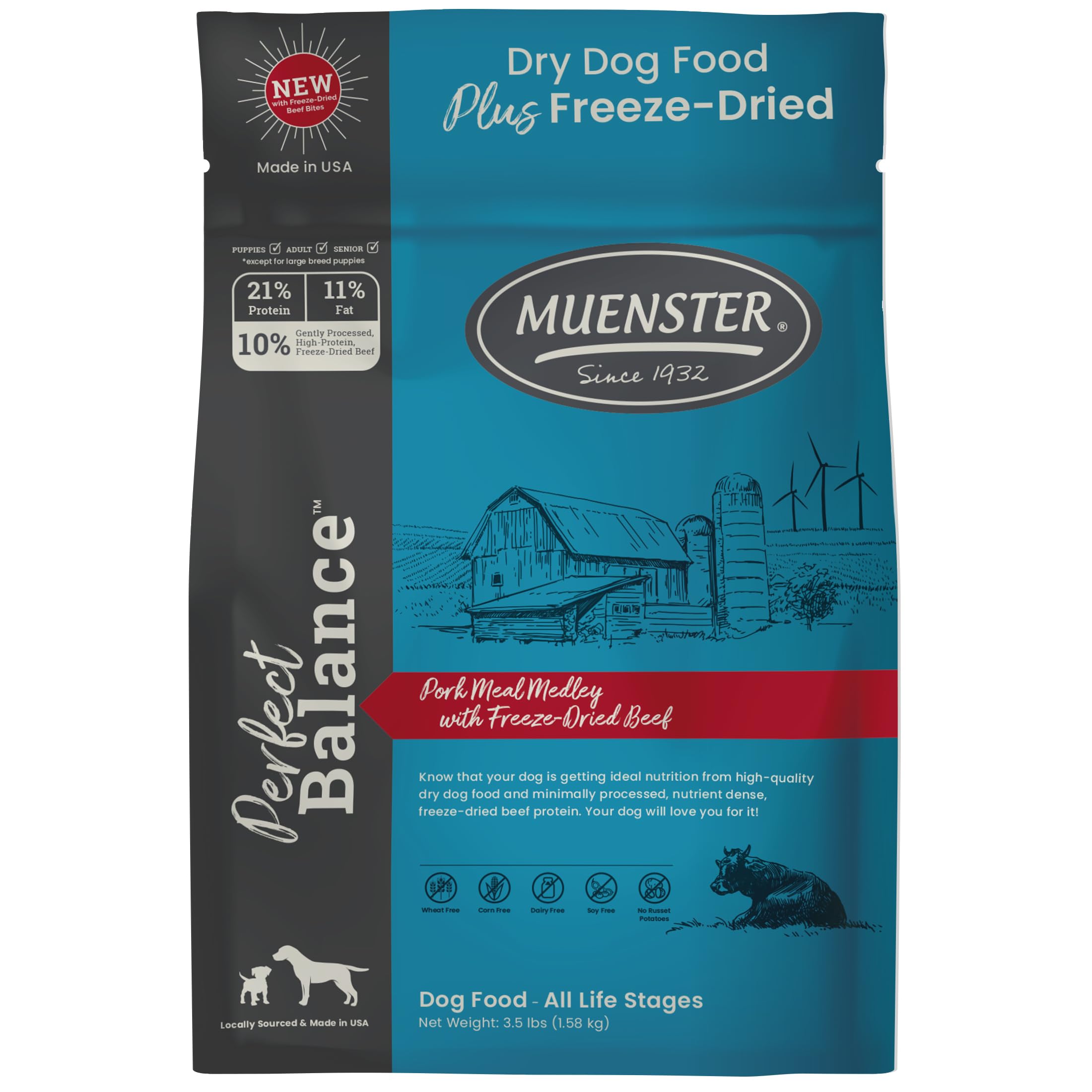 Muenster Perfect Balance con croquetas de puerco deshidratado para perros, sabor y proteína.