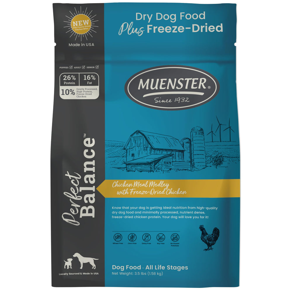 Muenster Perfect Balance empaque bolsa para almacenamiento práctico de la comida canina.