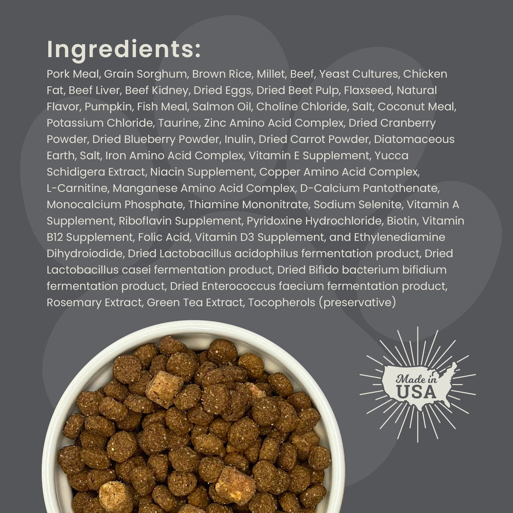 Proteína alta de 26% en croquetas de cerdo deshidratado para perros.