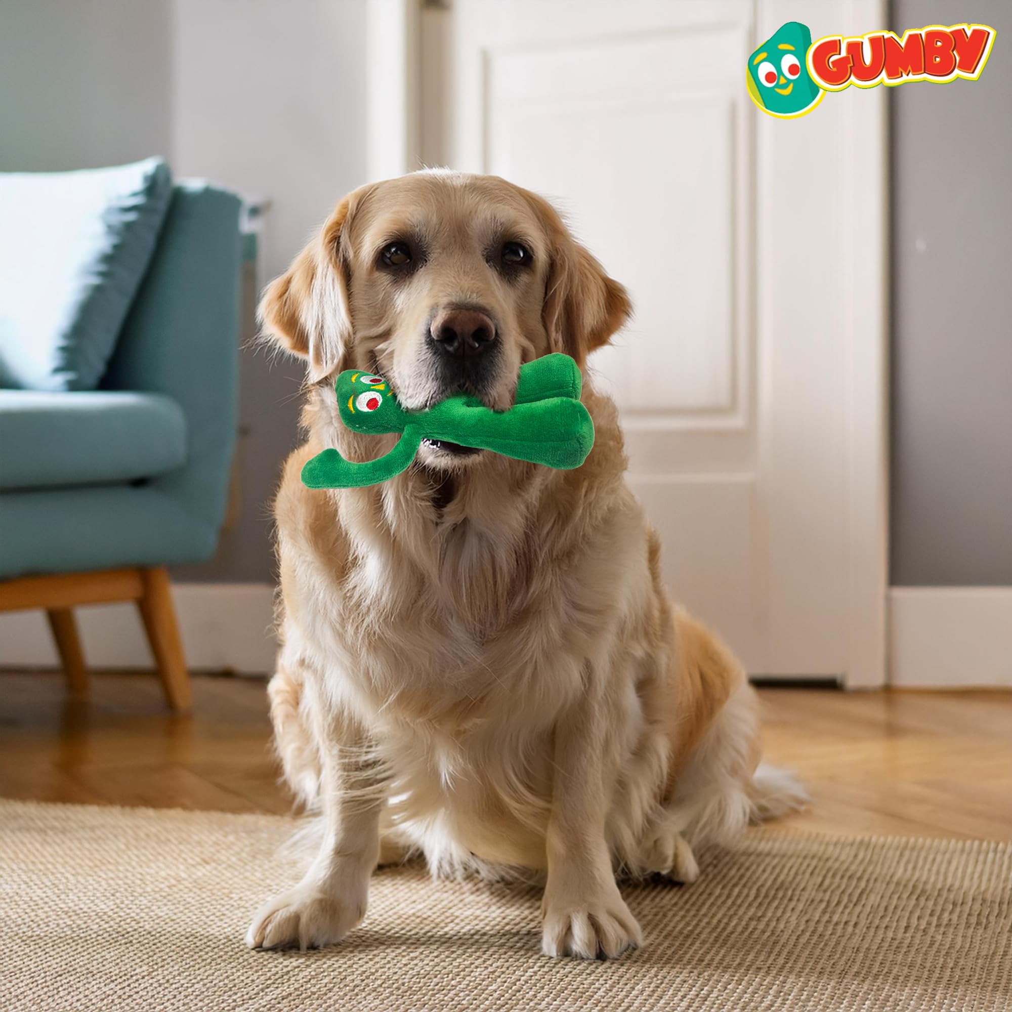 Peluche suave Multipet Gumby, material agradable para mimos y mordisqueo suave.