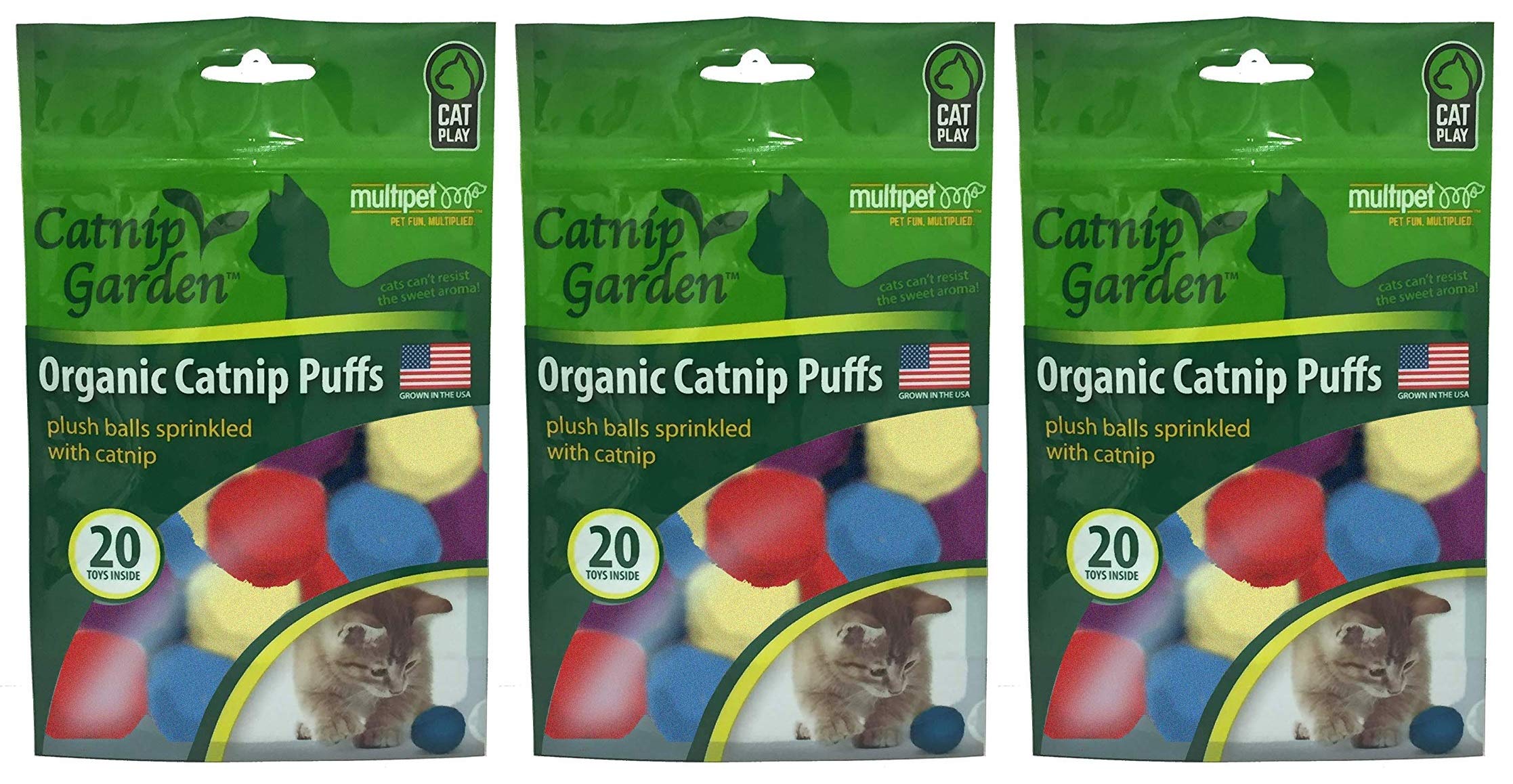 Multipet hierba gatera bolitas, juego suave para gatos, fomenta actividad física y entretenimiento.