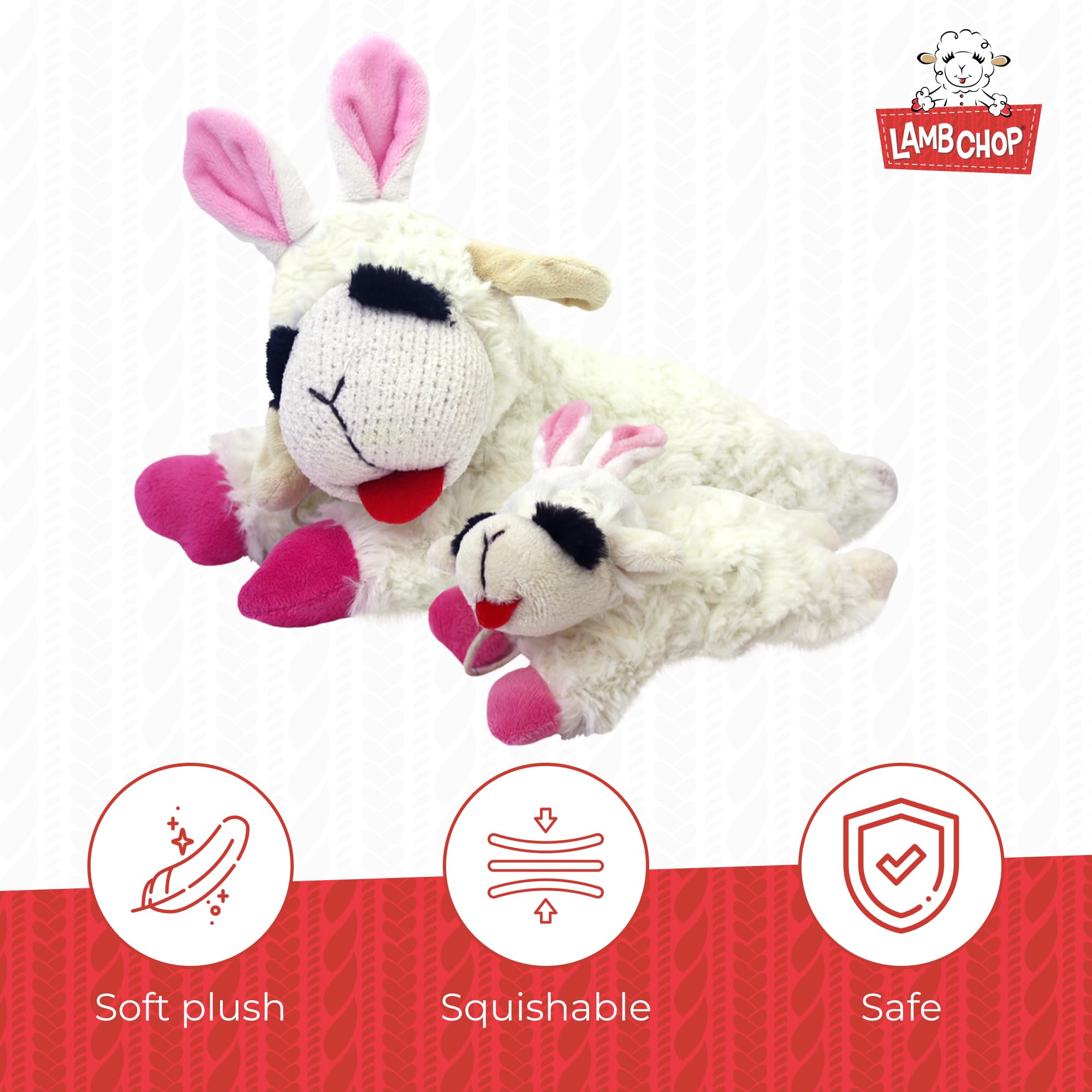 Multipet Lamb Chop con chirriador incorporado para juego interactivo.