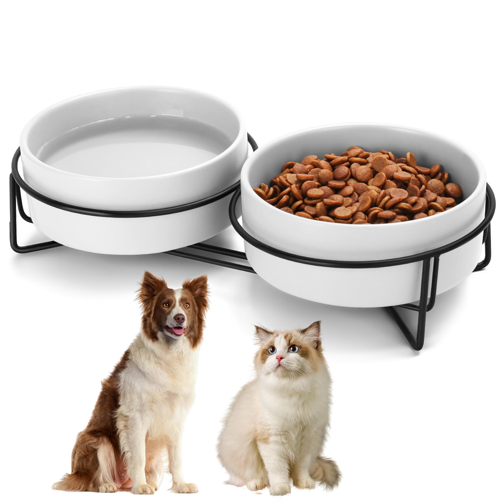 Conjunto MultiOutools de cuencos cerámicos para mascotas en soporte estable.