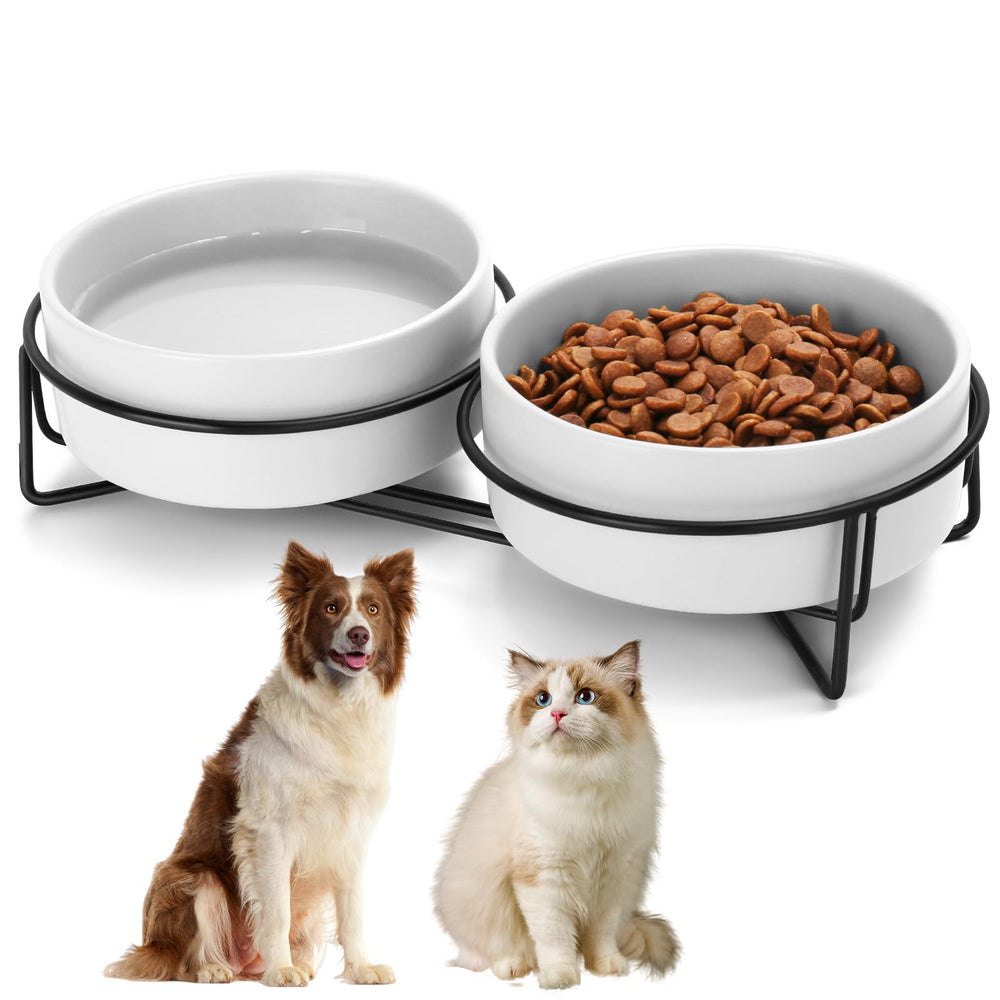 Conjunto MultiOutools de cuencos cerámicos para mascotas en soporte estable.