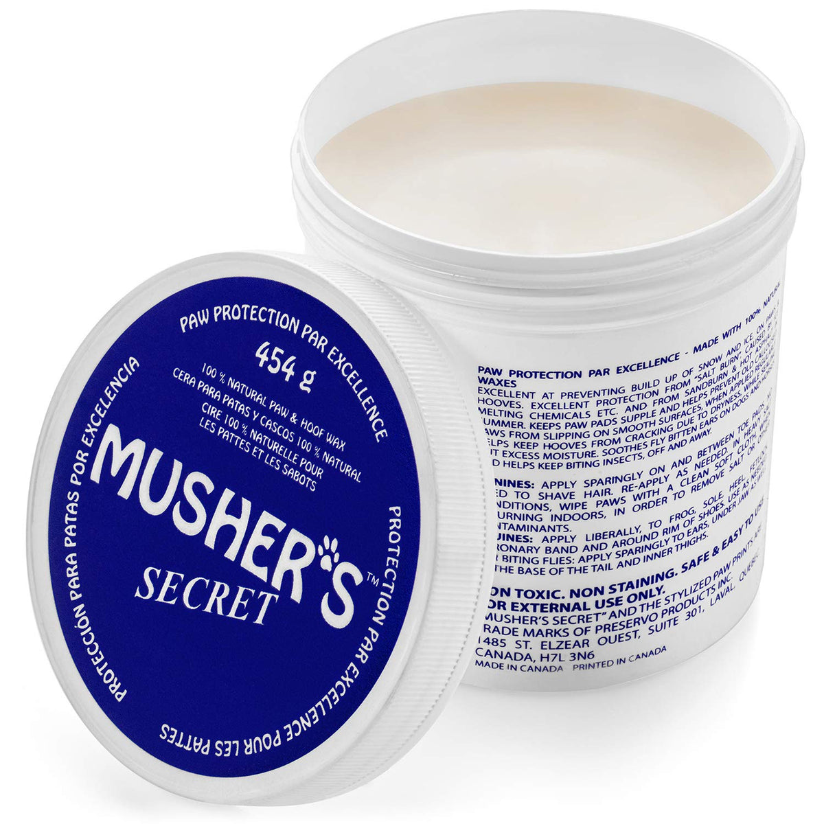 Musher's Secret envase de cera para patas, práctico y compacto.