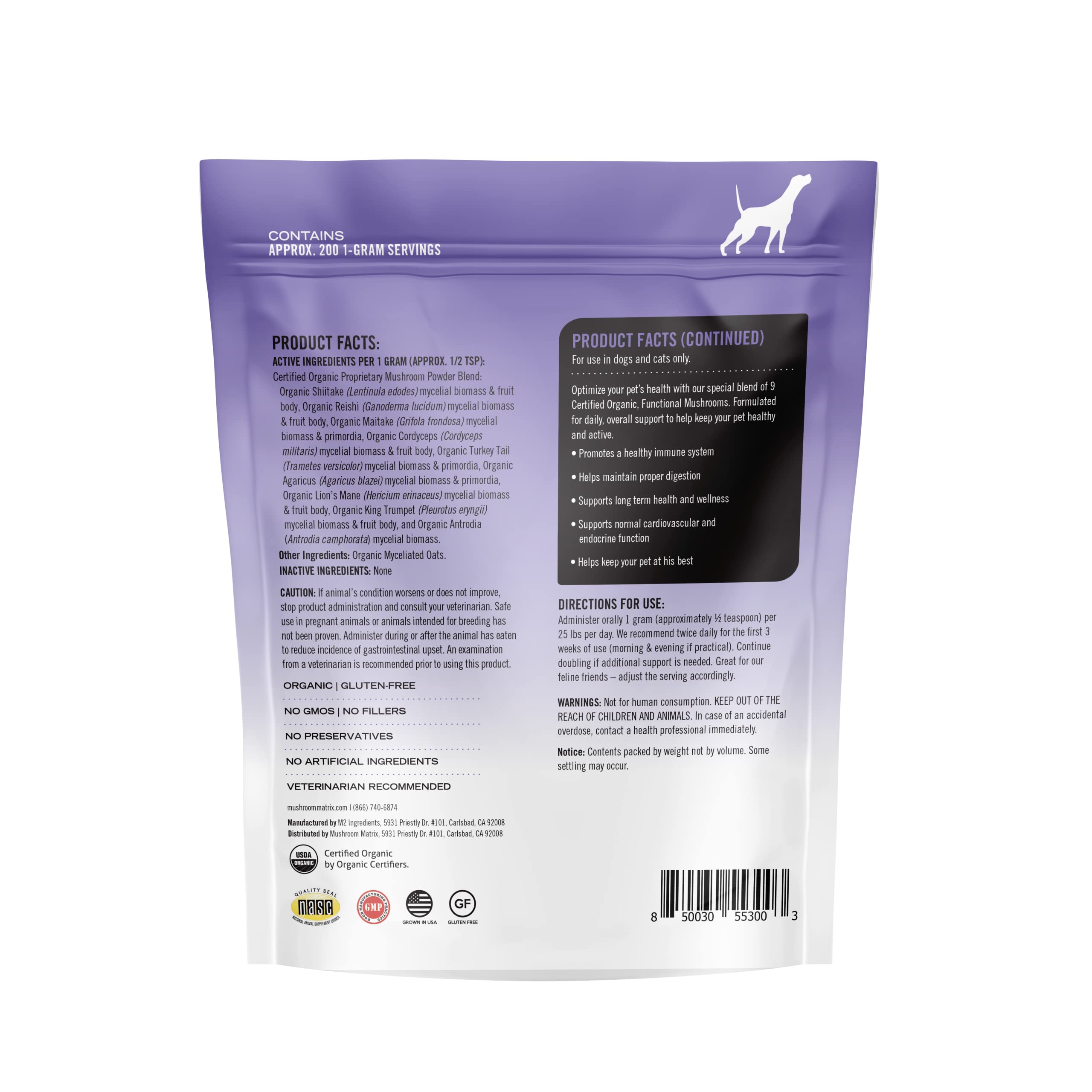 Mushroom Matrix dosis diaria para perros y gatos, fácil dosificación.