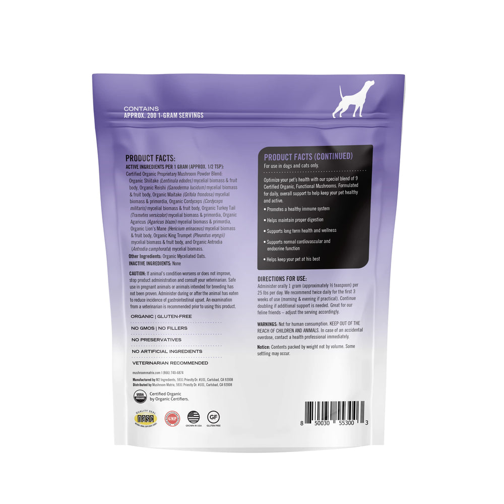 Mushroom Matrix dosis diaria para perros y gatos, fácil dosificación.