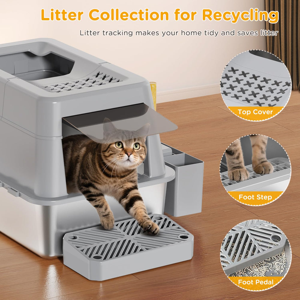 Mutrelenx: caja-arena metallica modo cerrado, espacio privado para gatos activos.